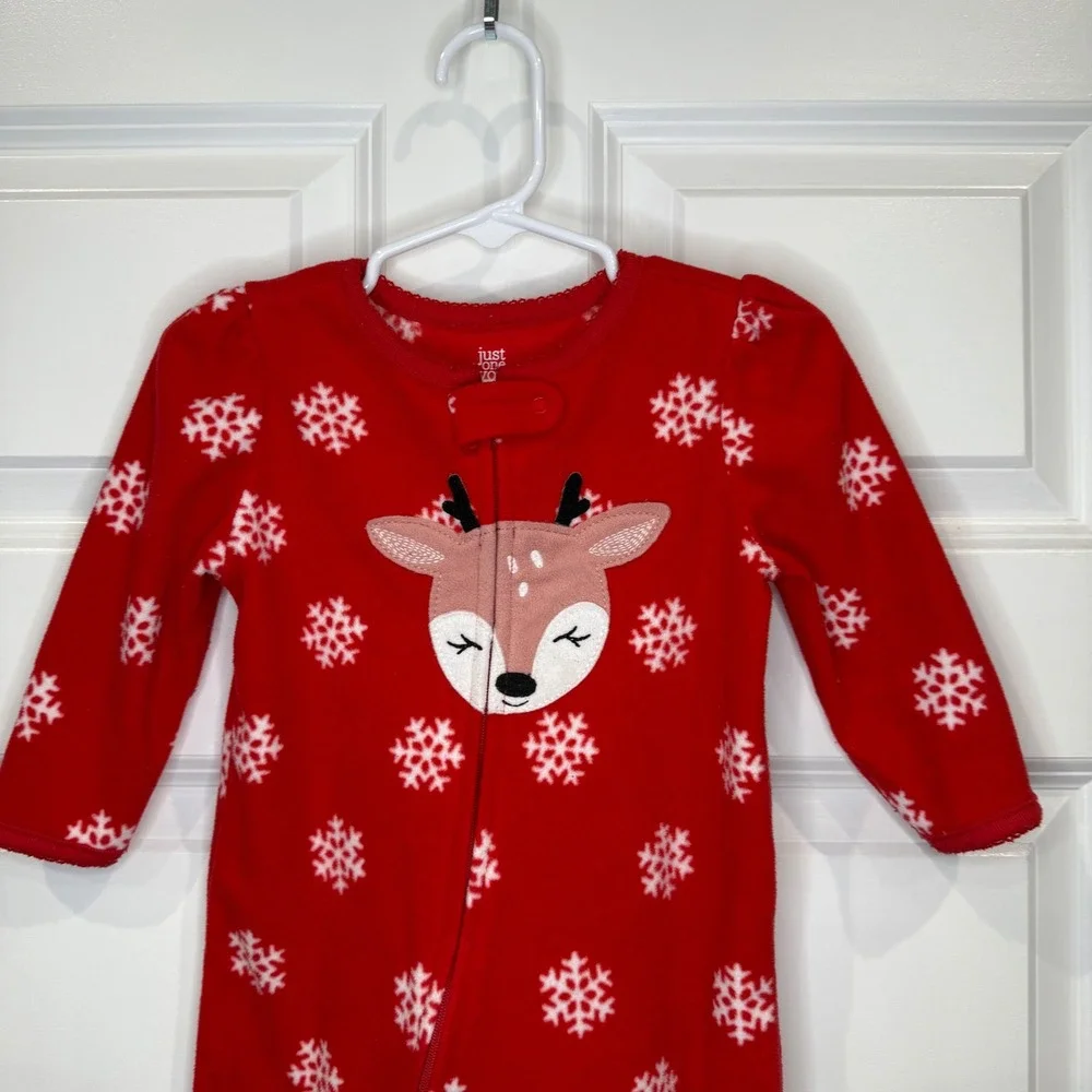 Carter's Red Snowflake Reindeer‎ Fleece Footed Pajamas Size 12 Months